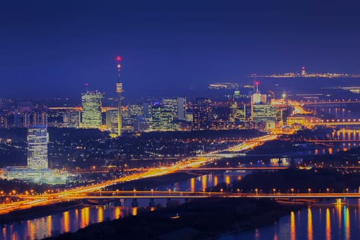 Vienna at night with Danube,panorama taken from Leopoldsberg