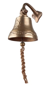 Antique brass ship&#039 s bell with a rope on a white background