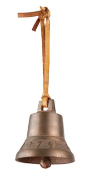 Brass bell with leather wire isolated on white background