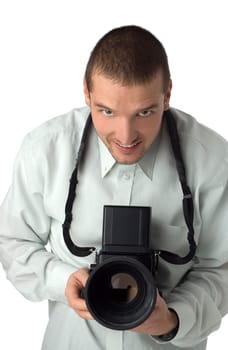proffesional photographer with medium format camera on white