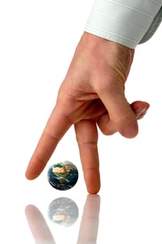 male hand walking with globe between on white concept close up