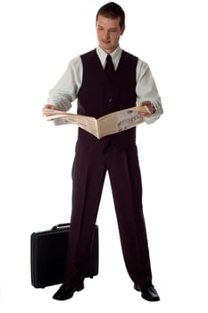 young business men reading news paper on white