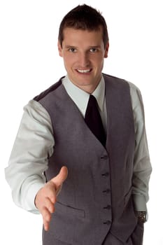 young business men hand shake close up on white