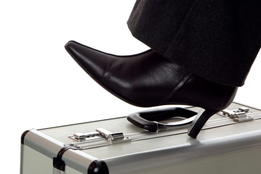 business women shoe standing on case close up