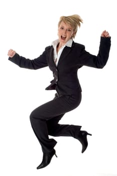 young business women success jumping on white