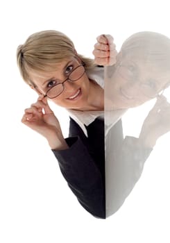 young business women peep behind corner on white