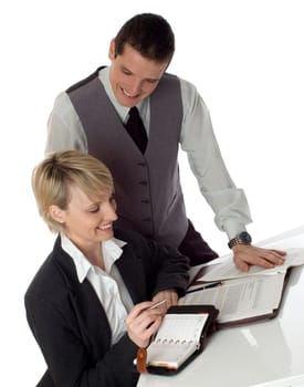 young business couple working in office on white