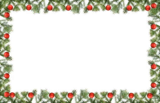 christmas frame made from pine branch and ornaments on white