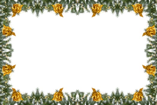 christmas frame made from pine branch and golden bow on white