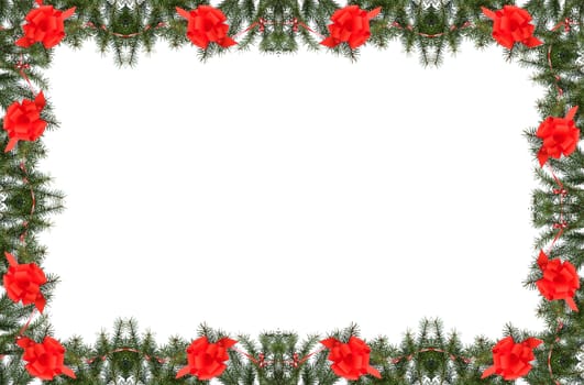 christmas frame made from pine branch and red bow on white
