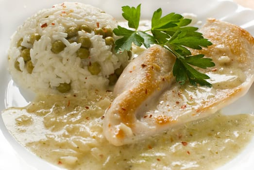 grilled chicken with rice and sauce close up