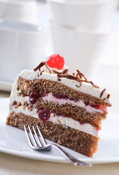 Chocolate cake with cream and cherry close up shoot