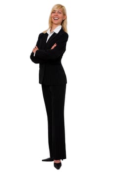 young happy blond business woman, isolated on white