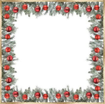 christmas frame made from pine branch and ornaments on white