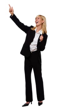 young blond business woman standing on white