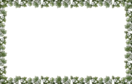 christmas frame made from pine branch and ornaments on white