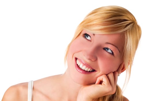 Young blond woman with blue eyes close up