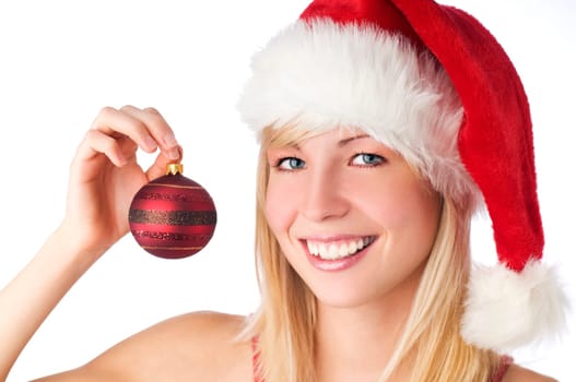 young blond santa girl with red ornament on white