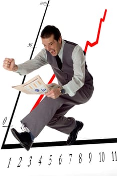 business men jumping with newspaper in hands on white- success concept