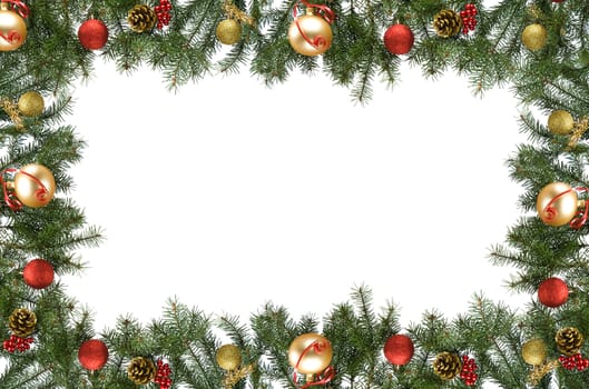 christmas frame made from pine branch and ornaments on white