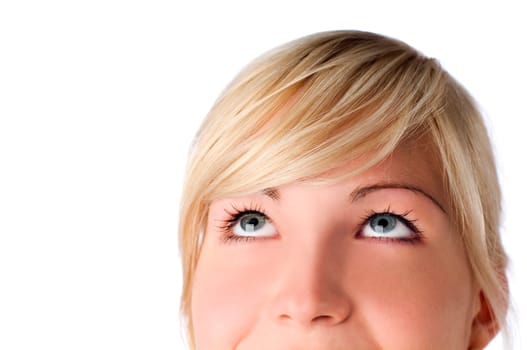 young blond woman looking up on white- close up