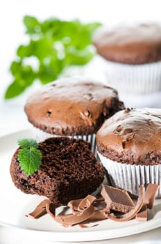 Chocolate muffin on a plate close up shoot