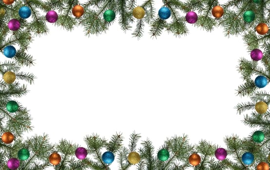 christmas frame made from pine branch and ornaments on white