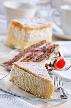 Fresh cheese cake on a plate close up shoot