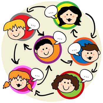Social network concept: fun cartoon of kids talking and being interconnected