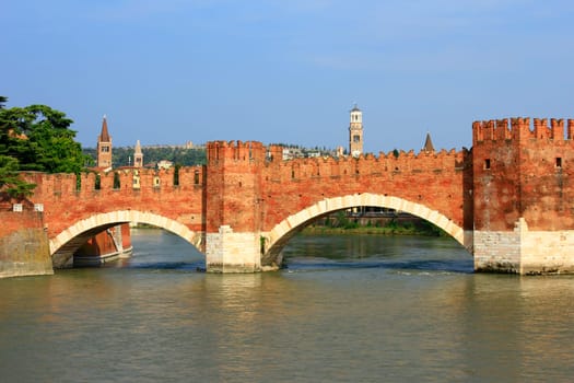 The Scaliger Bridge "Ponte Scaligero"" (14th century) in Verona crosses the Adige River,Italy"
