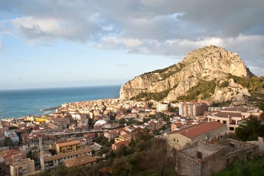 View of the Cefalù with sea and mountain.Sicily- Italy