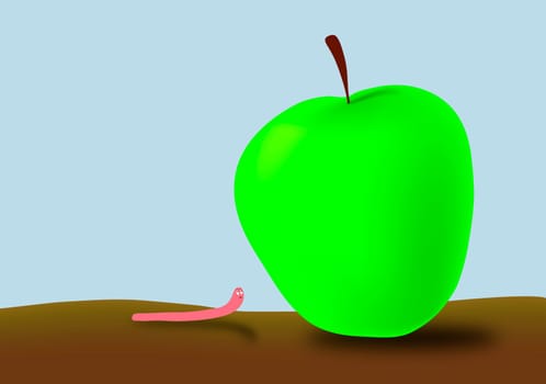 Little worm and big green apple - bite off more than one can chew - take on too much - bite off more than one can chew