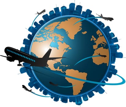 Airplane travelling around the globe, travel concept