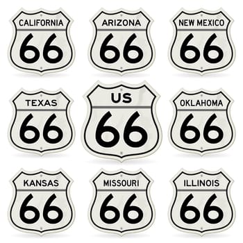 Classic black and white historical highway signs scratched here and there