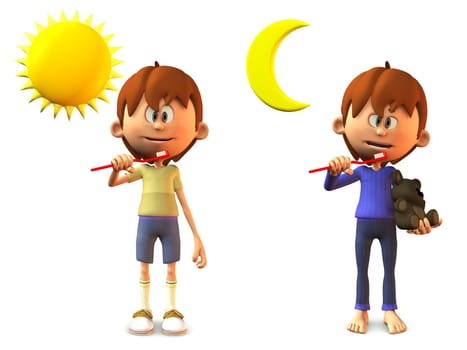A young, smiling cartoon boy holding a toothbrush, ready to brush his teeth in the morning and in the evening. White background.