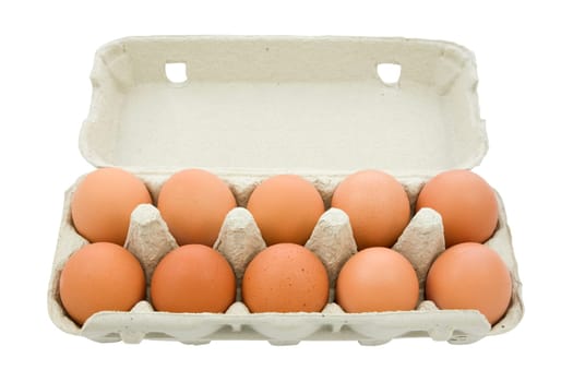 Brown eggs in the box isolated on white background
