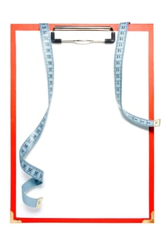 blank clipboard with measuring tape. isolated on white.