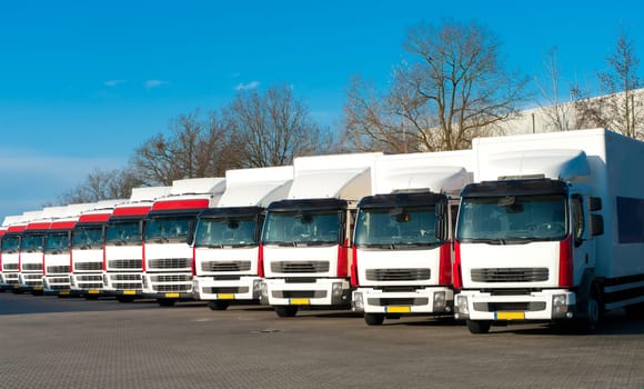 several trucks parked in a perfect row