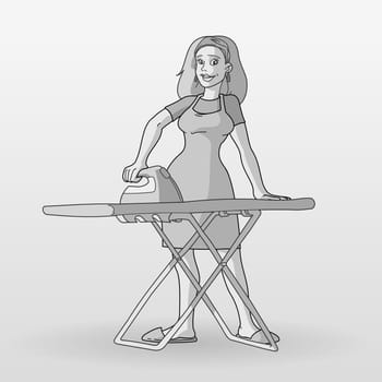 Clip Art of a lady working with Iron in black and white colors