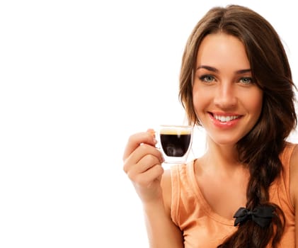 Happy woman holding espresso coffee