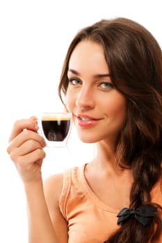 Smiling woman with a cup of espresso coffee against white background