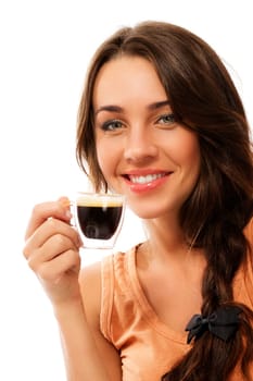 Happy young woman with a cup of espresso coffee against white background