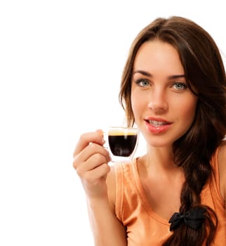 Beautiful woman with a cup of espresso coffee against white background