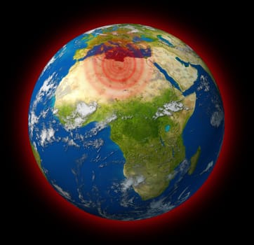 Libya conflict global hot spot represented by the planet earth with Africa in focus showing red radiating concentric circles targeting the crisis in Libyan territory of revolution and war.