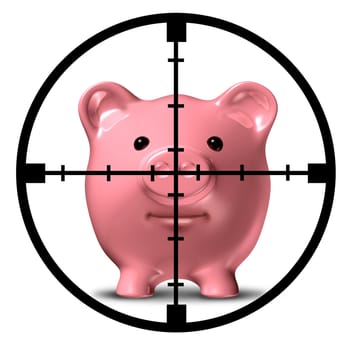 Hunting for specials and aim to save symbol of finance represented by a pink piggy bank with an aiming weapon crosshair representing the safest and most profitable economic strategies for business and home.