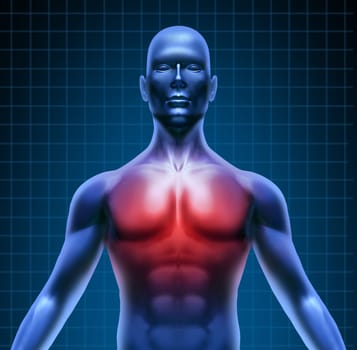 Heart and coronary disease representing the medical concept of cardiac problems stemming from human blood circulation with the heart and arteries represented by a man with a chest highlighted in red.