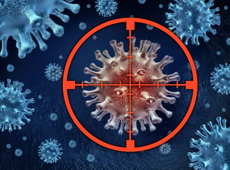 Cure the infection with targeted medical treatment with pharmaceuticals and proper doses of hospital medicine designed by bio scientists and doctors represented by bacterial virus cells with crosshairs target.