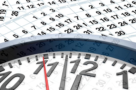 Time and date with calendar pages representing important dates in a month or days of the week represented by individual pages with numbers.