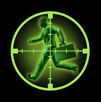 Job search and looking for employment in a rewarding and high paying career position  found through online hunting through clasified ads represented by a running green businessman with crosshairs aiming at him.