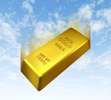 Falling price of gold represented by a golden yellow metal bar going down with a blue sky background showing the concept of losing value in trading precious bullion.